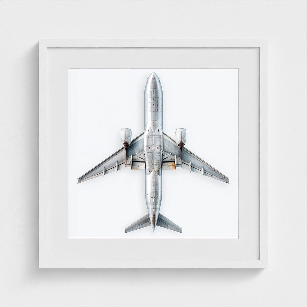 Minimalist Airplane Print — Modern Aviation Photography | Silver Geometric Aircraft Art, Square Framed