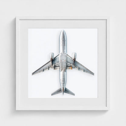 Minimalist Airplane Print — Modern Aviation Photography | Silver Geometric Aircraft Art, Square Framed