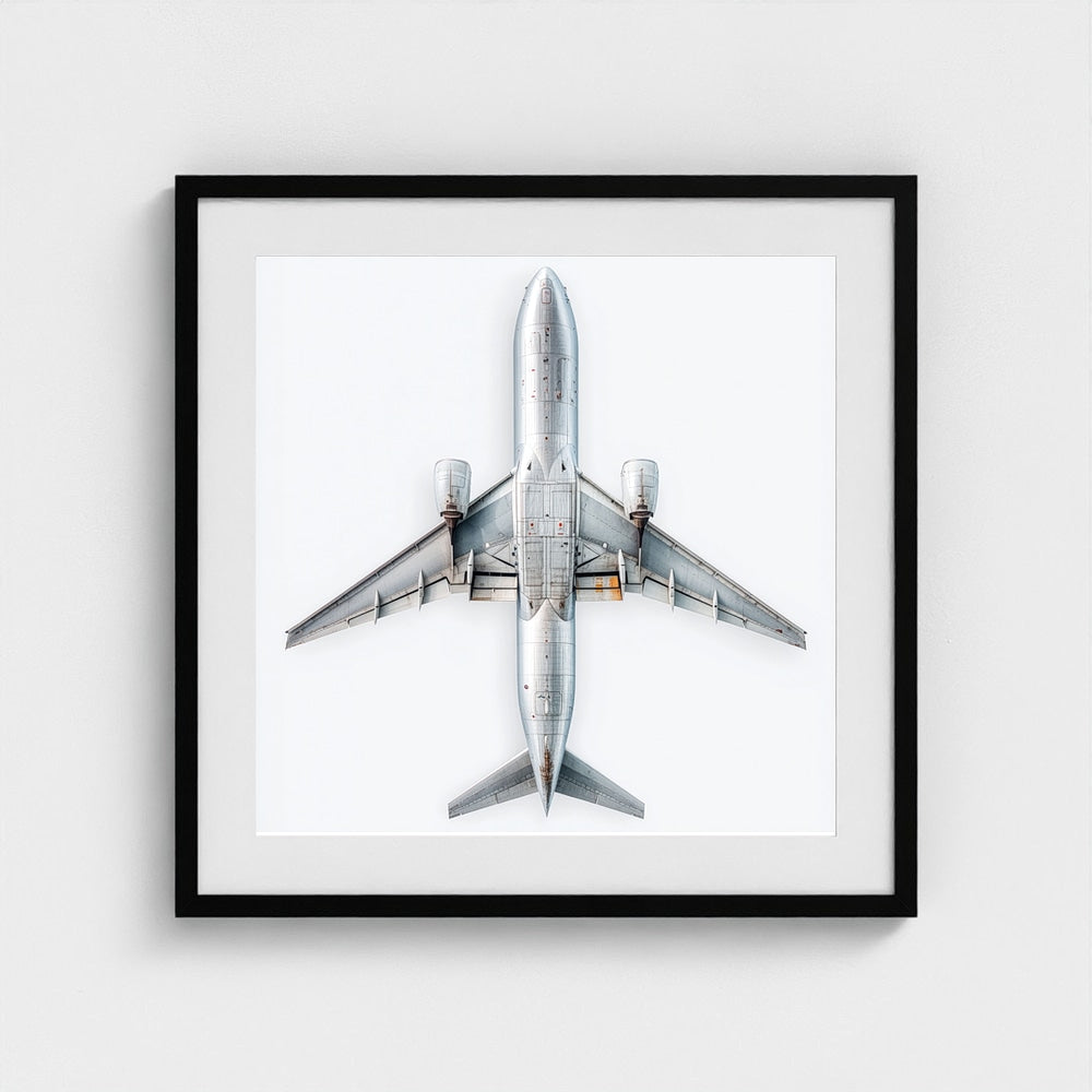 Minimalist Airplane Print — Modern Aviation Photography | Silver Geometric Aircraft Art, Square Framed