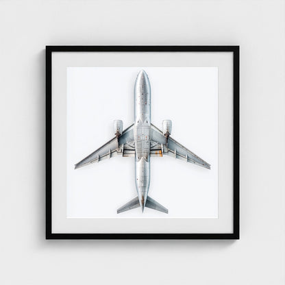 Minimalist Airplane Print — Modern Aviation Photography | Silver Geometric Aircraft Art, Square Framed