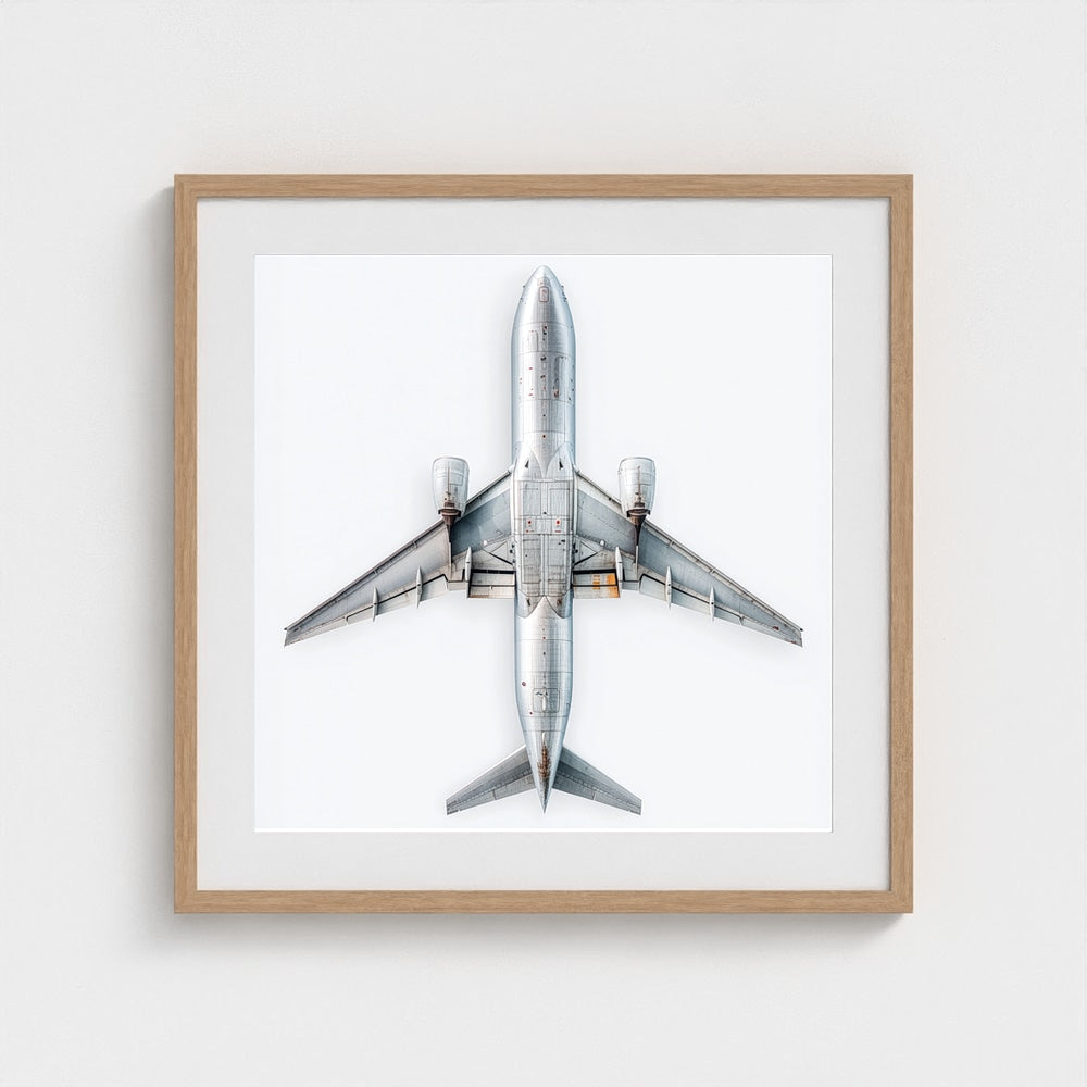 Minimalist Airplane Print — Modern Aviation Photography | Silver Geometric Aircraft Art, Square Framed