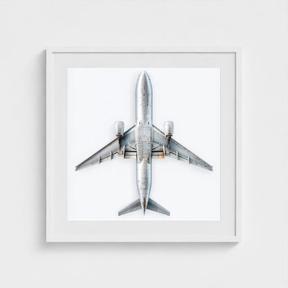 Minimalist Airplane Print — Modern Aviation Photography | Silver Geometric Aircraft Art, Square Framed