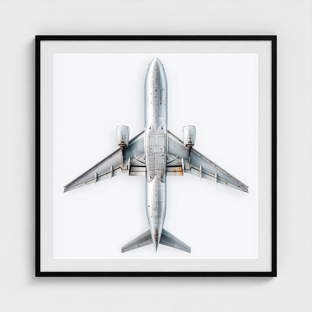 Minimalist Airplane Print — Modern Aviation Photography | Silver Geometric Aircraft Art, Square Framed