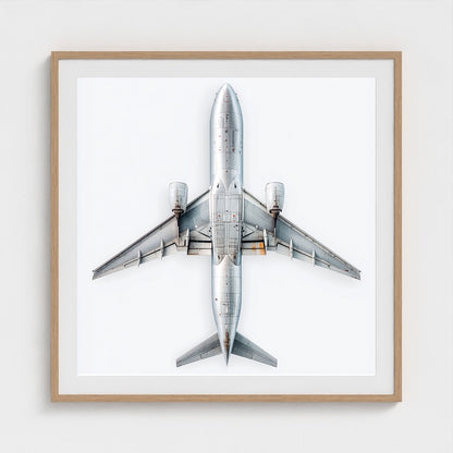 Minimalist Airplane Print — Modern Aviation Photography | Silver Geometric Aircraft Art, Square Framed