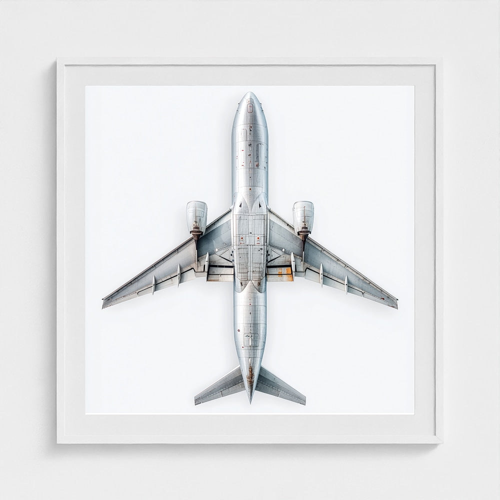 Minimalist Airplane Print — Modern Aviation Photography | Silver Geometric Aircraft Art, Square Framed
