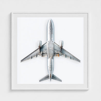 Minimalist Airplane Print — Modern Aviation Photography | Silver Geometric Aircraft Art, Square Framed