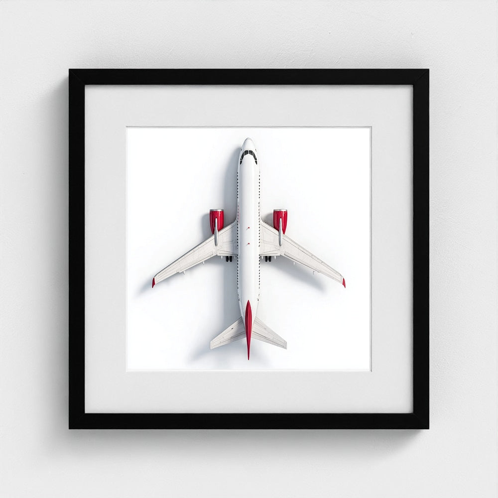 Minimalist Airplane Photography Print — Red & White Overhead Aircraft Photo, Square Framed Aviation Art