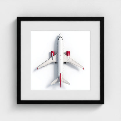 Minimalist Airplane Photography Print — Red & White Overhead Aircraft Photo, Square Framed Aviation Art