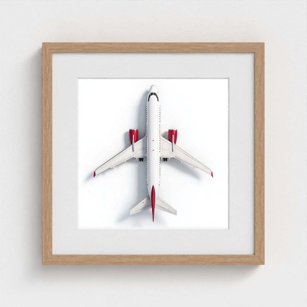 Minimalist Airplane Photography Print — Red & White Overhead Aircraft Photo, Square Framed Aviation Art