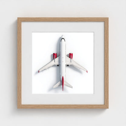 Minimalist Airplane Photography Print — Red & White Overhead Aircraft Photo, Square Framed Aviation Art