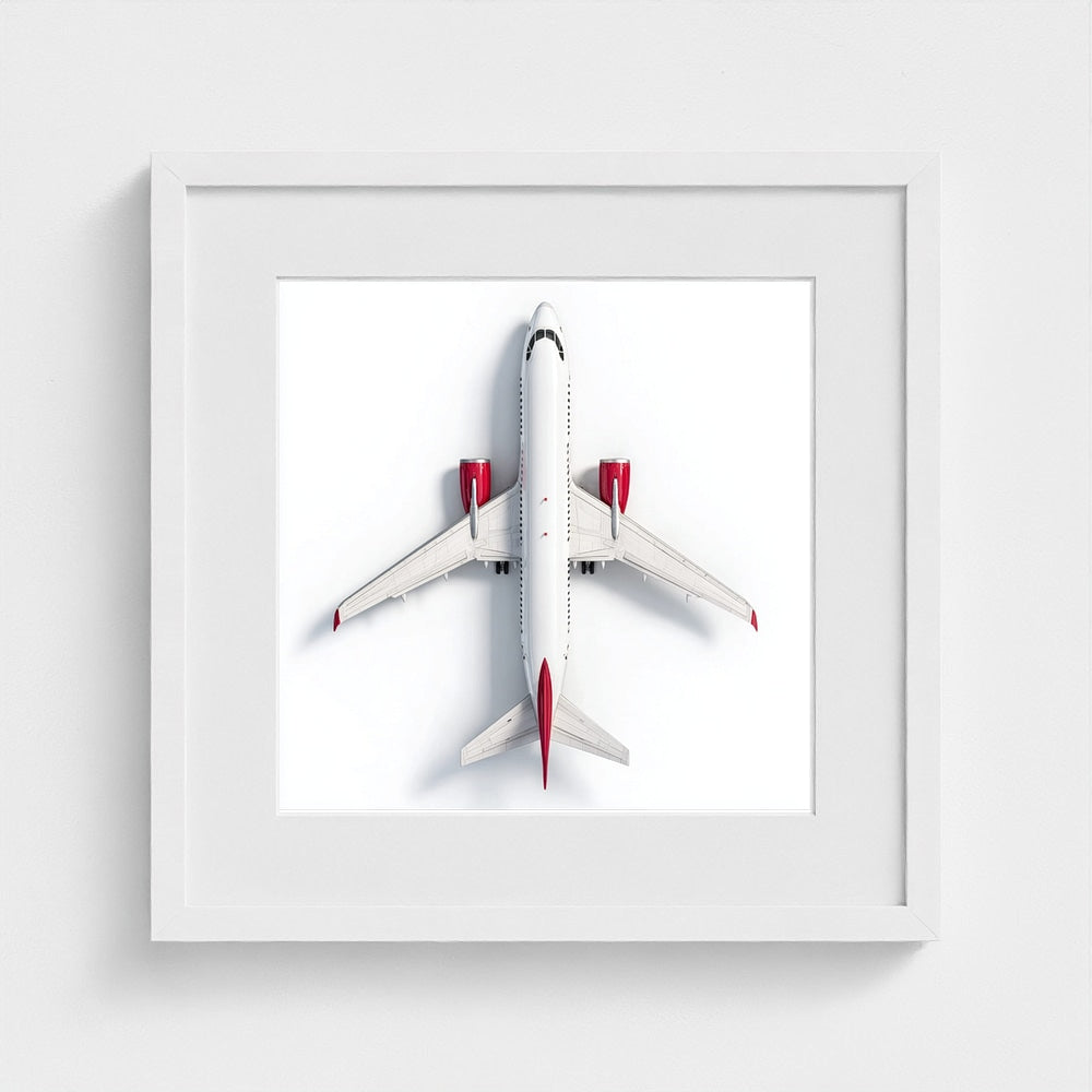 Minimalist Airplane Photography Print — Red & White Overhead Aircraft Photo, Square Framed Aviation Art