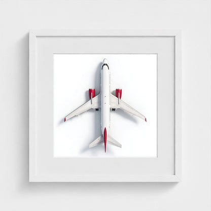 Minimalist Airplane Photography Print — Red & White Overhead Aircraft Photo, Square Framed Aviation Art