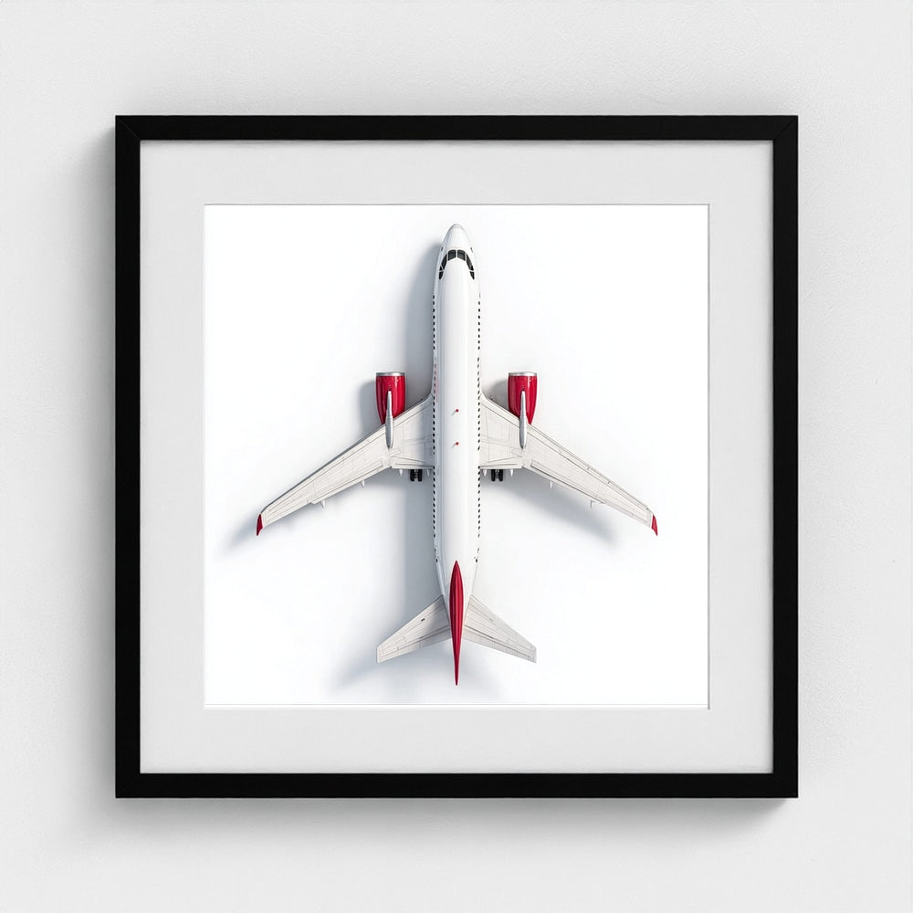 Minimalist Airplane Photography Print — Red & White Overhead Aircraft Photo, Square Framed Aviation Art