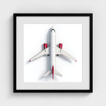 Minimalist Airplane Photography Print — Red & White Overhead Aircraft Photo, Square Framed Aviation Art