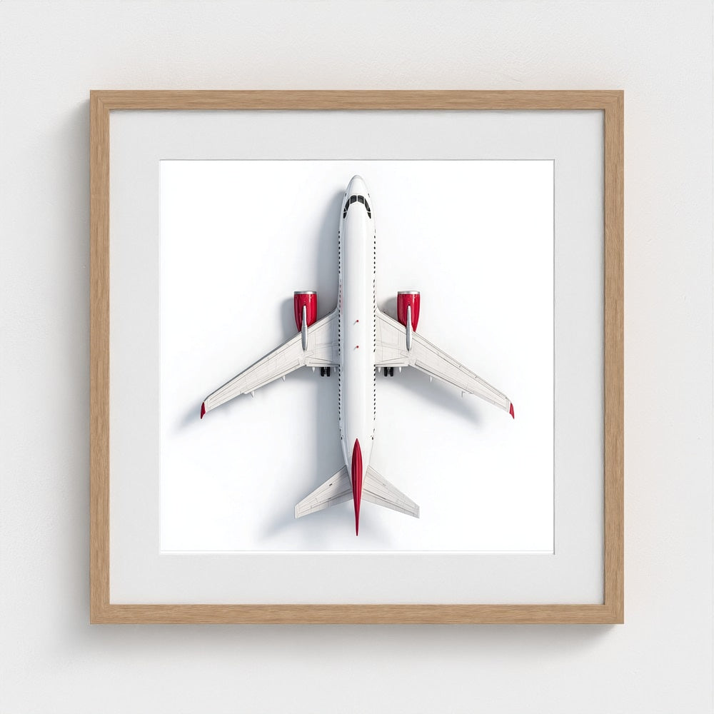 Minimalist Airplane Photography Print — Red & White Overhead Aircraft Photo, Square Framed Aviation Art