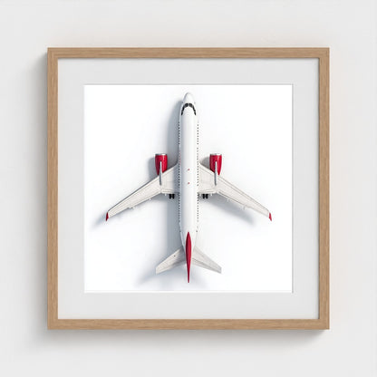 Minimalist Airplane Photography Print — Red & White Overhead Aircraft Photo, Square Framed Aviation Art