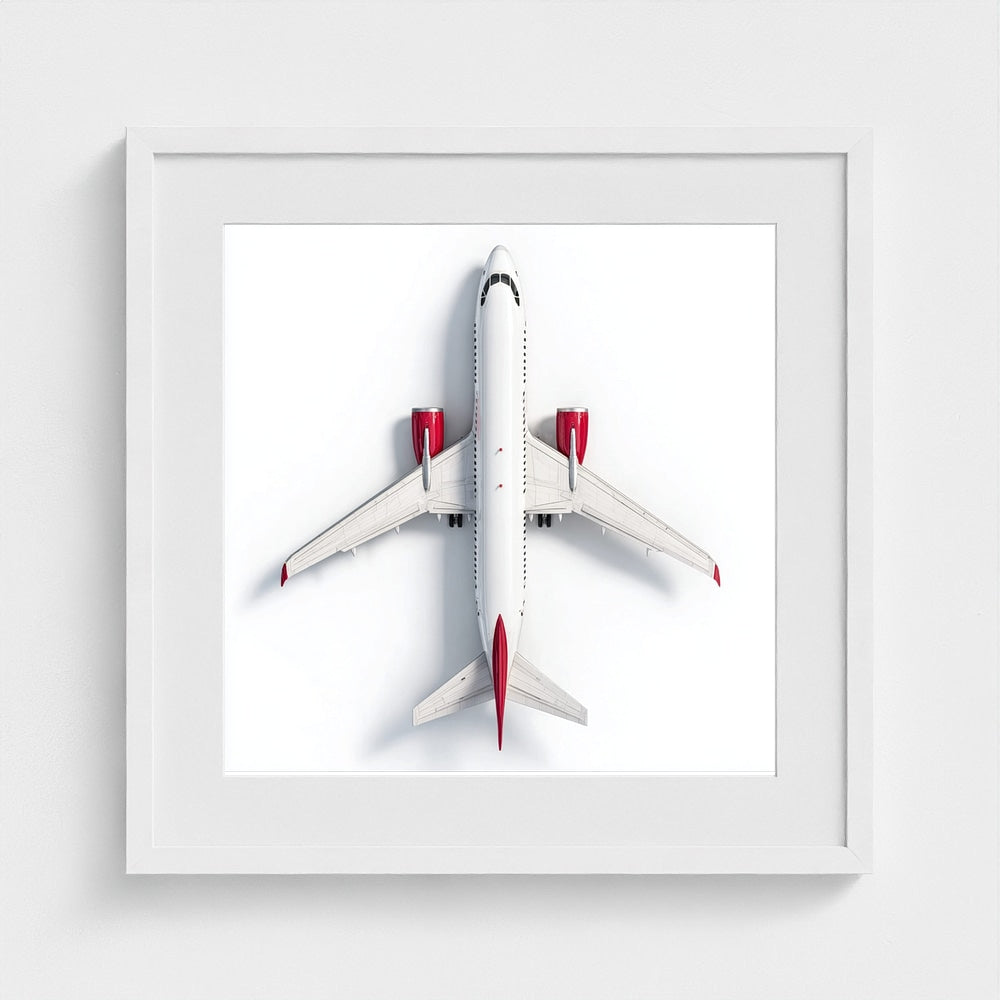 Minimalist Airplane Photography Print — Red & White Overhead Aircraft Photo, Square Framed Aviation Art