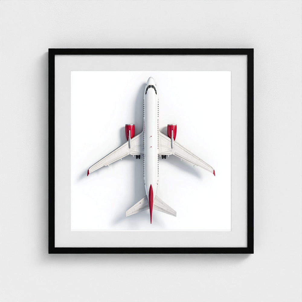 Minimalist Airplane Photography Print — Red & White Overhead Aircraft Photo, Square Framed Aviation Art