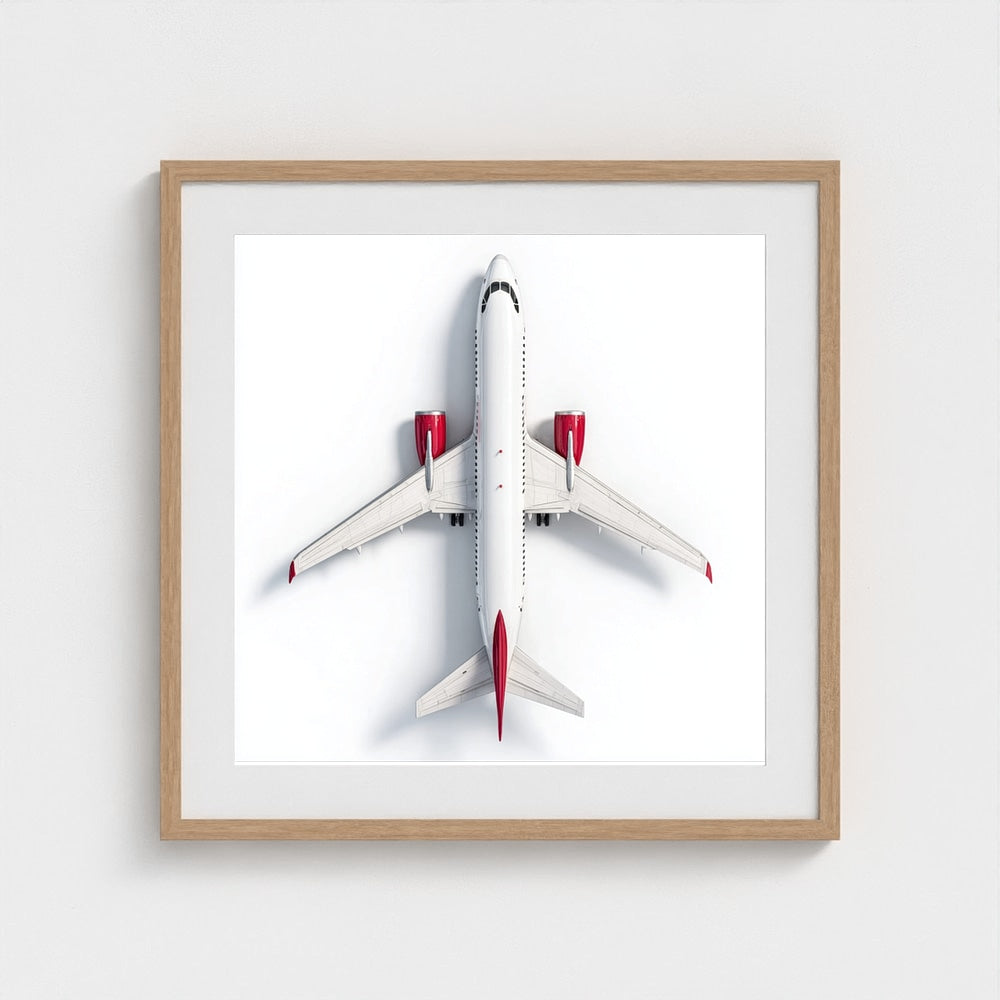 Minimalist Airplane Photography Print — Red & White Overhead Aircraft Photo, Square Framed Aviation Art