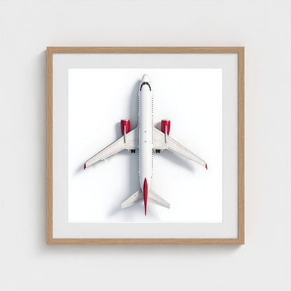 Minimalist Airplane Photography Print — Red & White Overhead Aircraft Photo, Square Framed Aviation Art