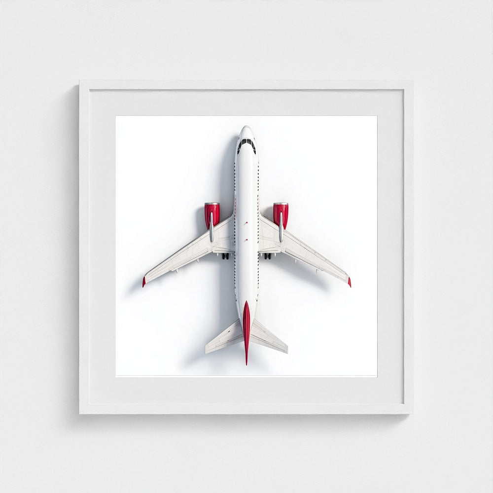 Minimalist Airplane Photography Print — Red & White Overhead Aircraft Photo, Square Framed Aviation Art