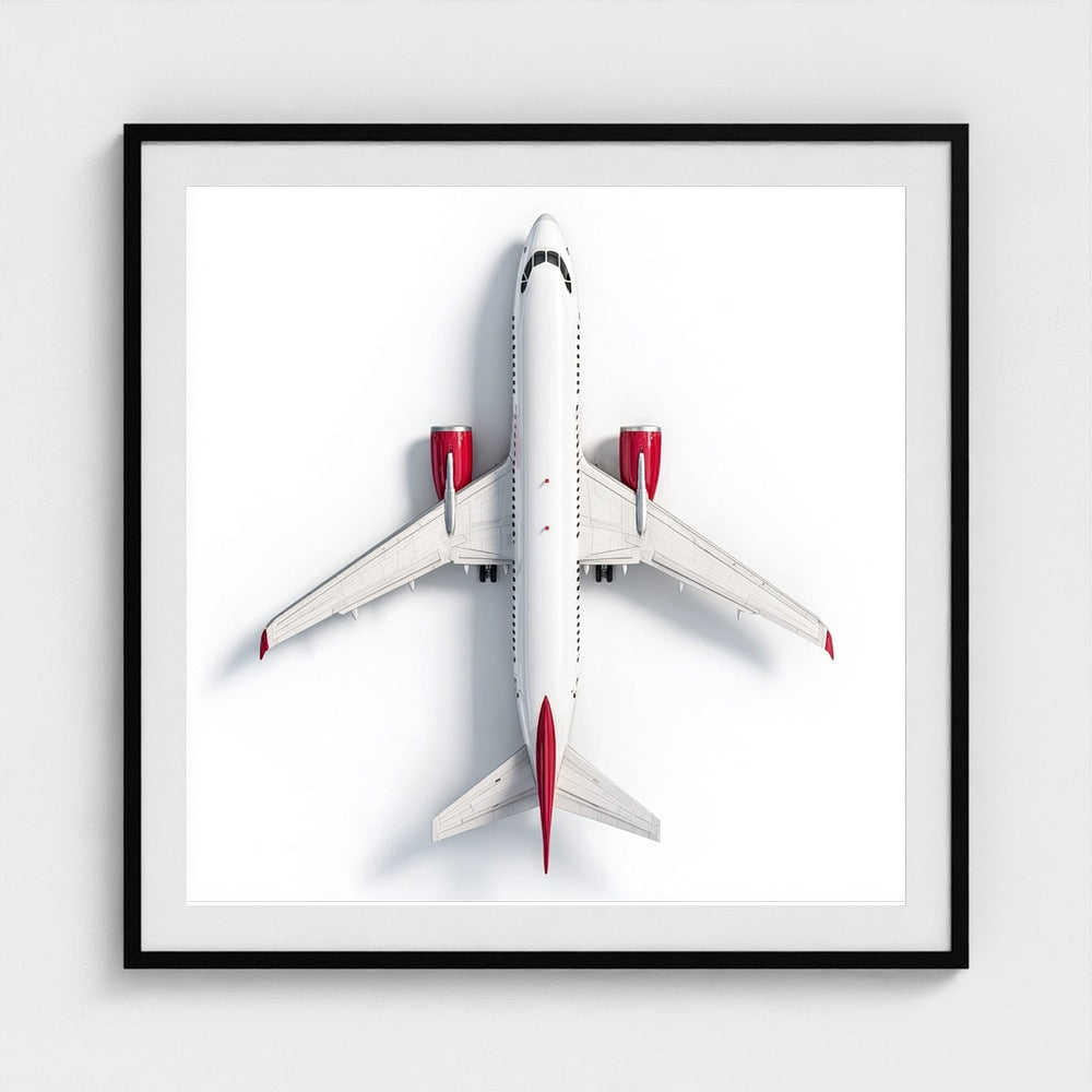 Minimalist Airplane Photography Print — Red & White Overhead Aircraft Photo, Square Framed Aviation Art