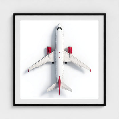 Minimalist Airplane Photography Print — Red & White Overhead Aircraft Photo, Square Framed Aviation Art