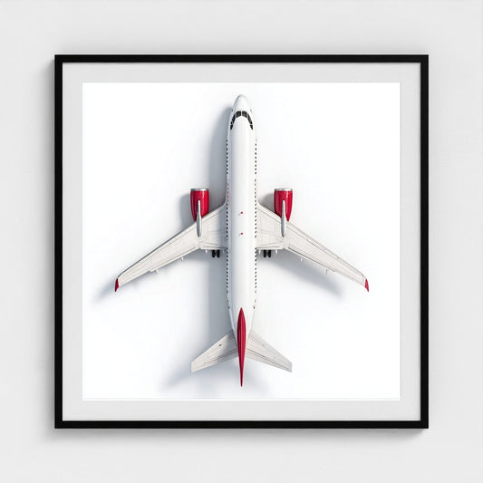 Minimalist Airplane Photography Print — Red & White Overhead Aircraft Photo, Square Framed Aviation Art