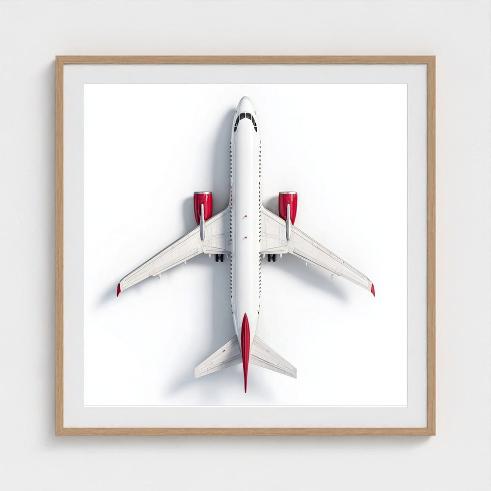 Minimalist Airplane Photography Print — Red & White Overhead Aircraft Photo, Square Framed Aviation Art