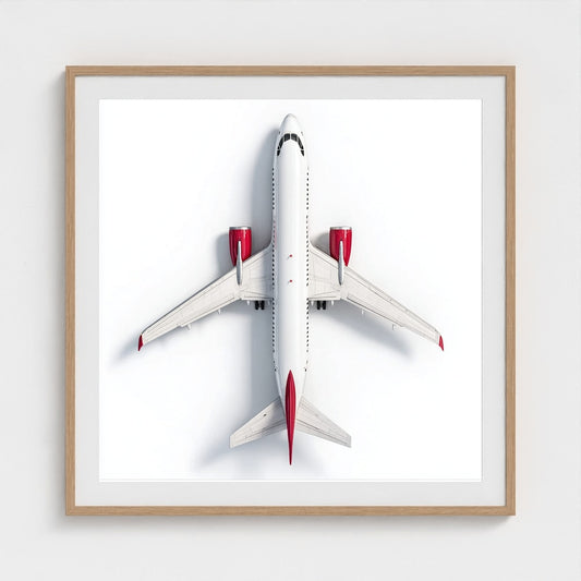 Minimalist Airplane Photography Print — Red & White Overhead Aircraft Photo, Square Framed Aviation Art