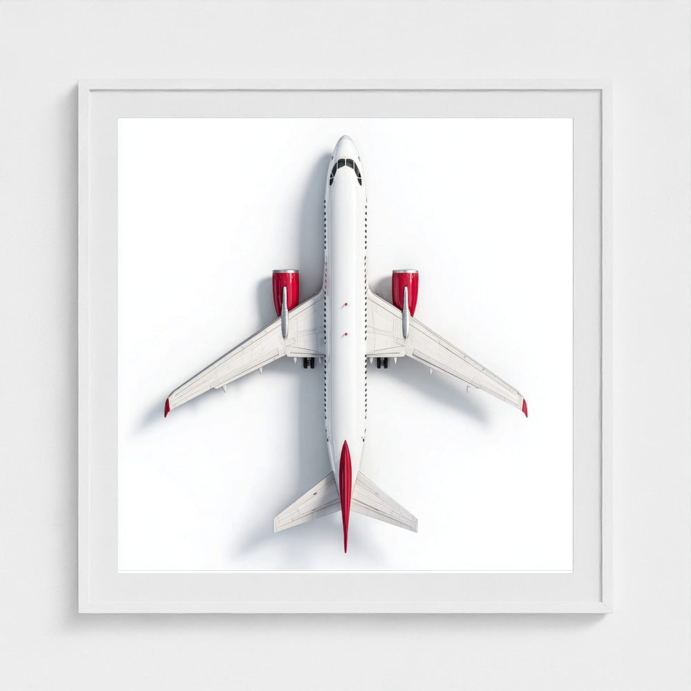 Minimalist Airplane Photography Print — Red & White Overhead Aircraft Photo, Square Framed Aviation Art