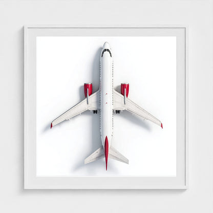 Minimalist Airplane Photography Print — Red & White Overhead Aircraft Photo, Square Framed Aviation Art