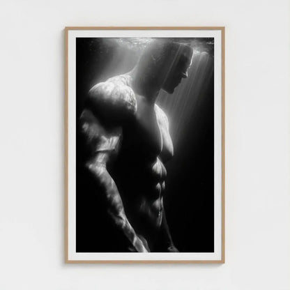 Male Surfer Wall Art Print – Black & White Torso Photography, Minimalist Ocean Decor