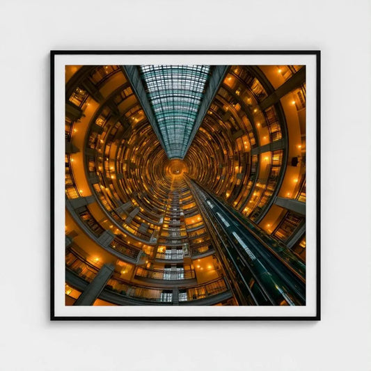 Golden Vortex — Architectural Atrium Fine Art Wall Print, Futuristic Building, Urban Geometry Modern Decor