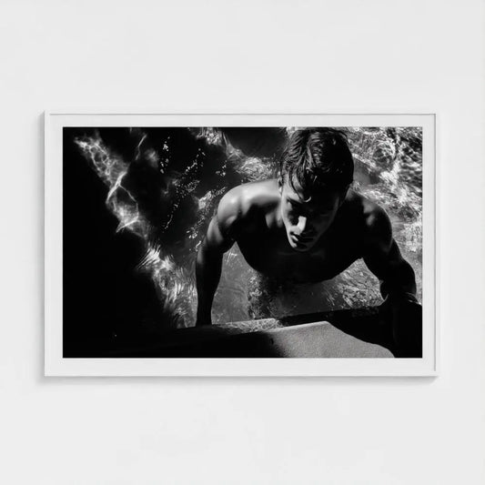Black & White Swimmer Wall Art Print – Male Figure Pool Photography, Modern Decor