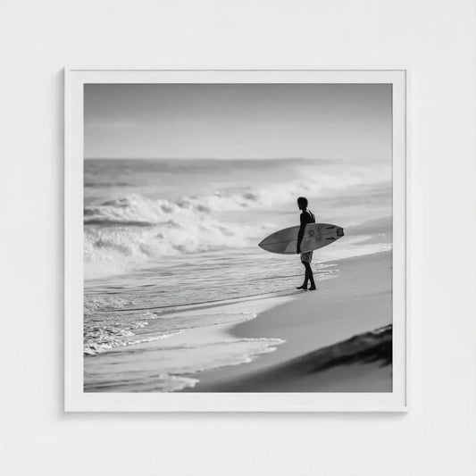 Tide Watch — Surfer Wall Art Print, Black & White Beach Photography, Minimal Coastal Decor