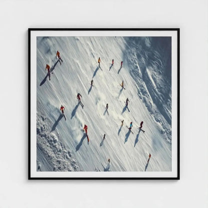 Alpine Array — Aerial Skiers Wall Art Print, Alpine Winter Photography, Modern Ski Lodge Decor