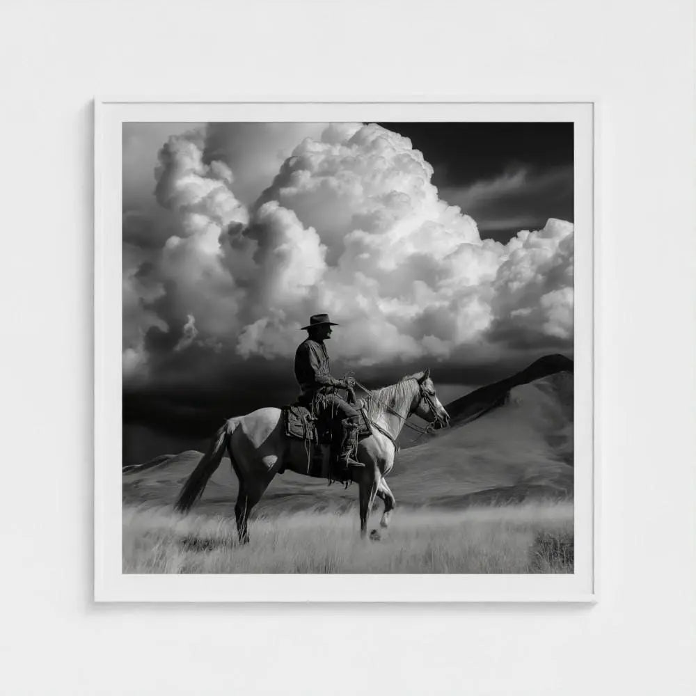 Black and White Cowboy Photography Print, Western Horse Wall Art, Rustic Mountain Landscape Decor, Fine Art Ranch Style Home Artwork