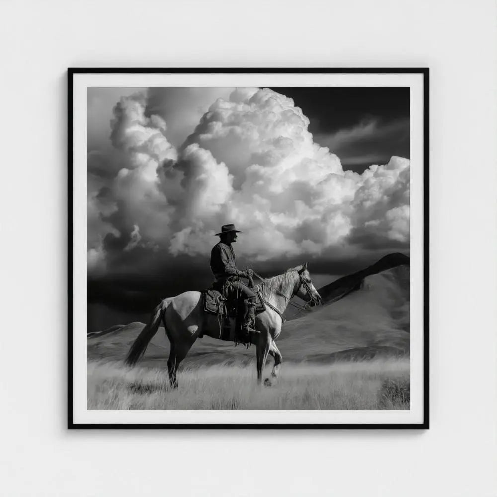 Black and White Cowboy Photography Print, Western Horse Wall Art, Rustic Mountain Landscape Decor, Fine Art Ranch Style Home Artwork