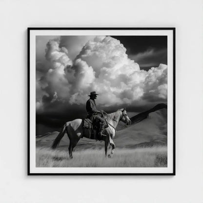 Black and White Cowboy Photography Print, Western Horse Wall Art, Rustic Mountain Landscape Decor, Fine Art Ranch Style Home Artwork