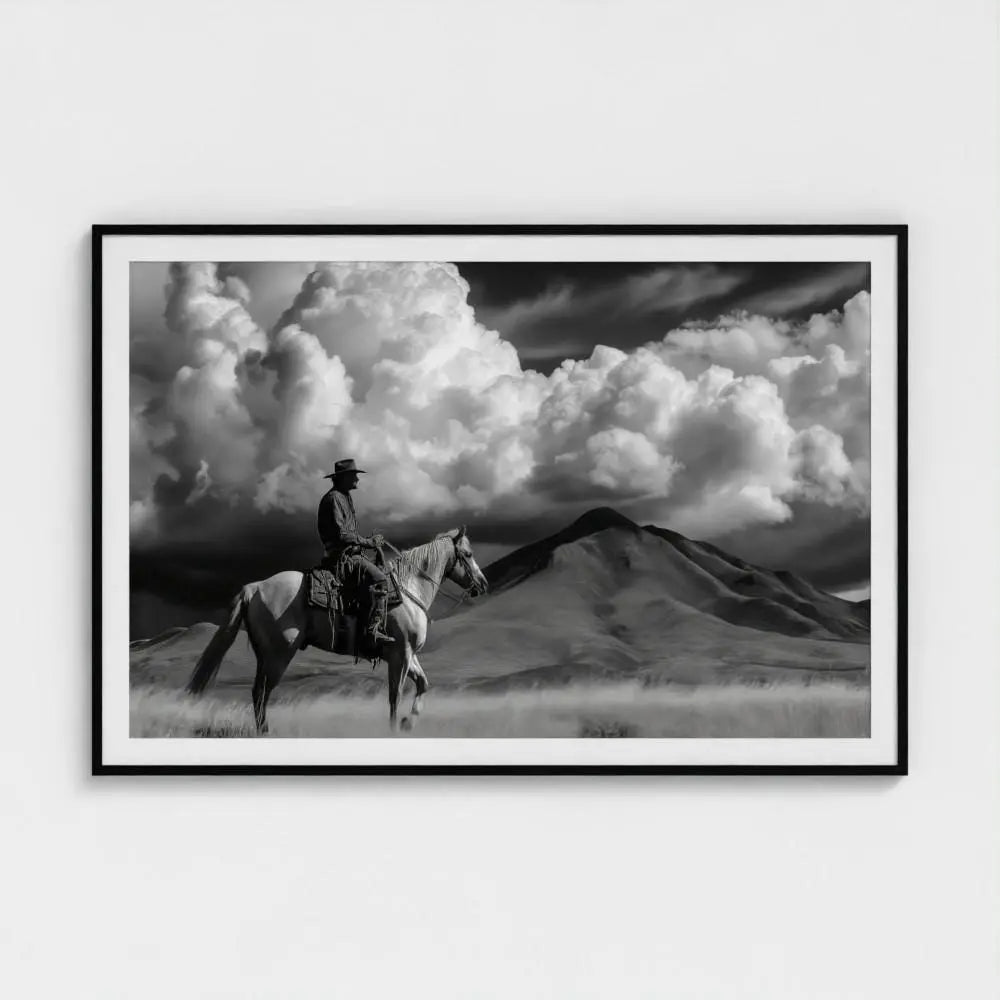 Black and White Cowboy Photography Print, Western Horse Wall Art, Rustic Mountain Landscape Decor, Fine Art Ranch Style Home Artwork