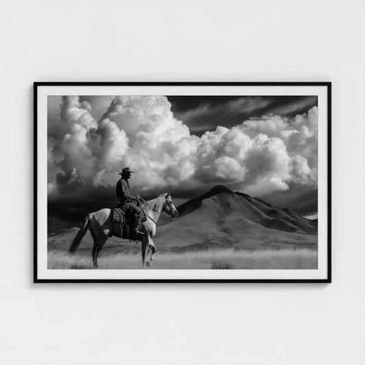Black and White Cowboy Photography Print, Western Horse Wall Art, Rustic Mountain Landscape Decor, Fine Art Ranch Style Home Artwork
