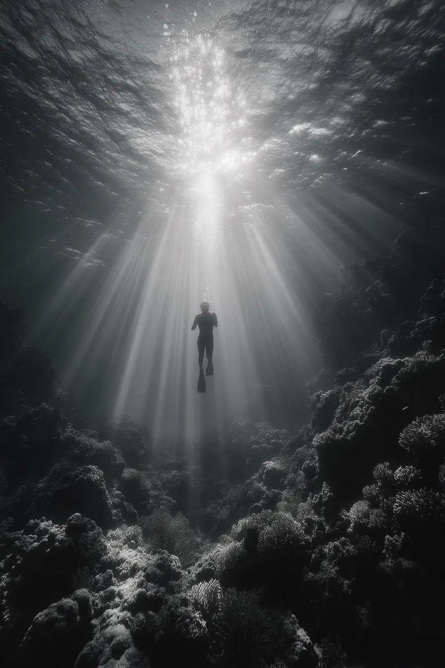 Silent Descent — Underwater Diver Wall Art Print, Ocean Photography, Sunbeams Nautical Coastal Decor