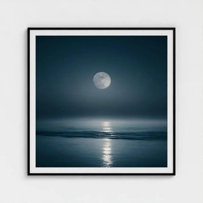 Lunar Tide — Moon Over Ocean Wall Art Print, Night Seascape Photography, Minimal Coastal Decor