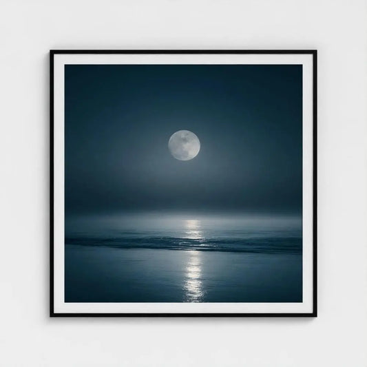 Lunar Tide — Moon Over Ocean Wall Art Print, Night Seascape Photography, Minimal Coastal Decor