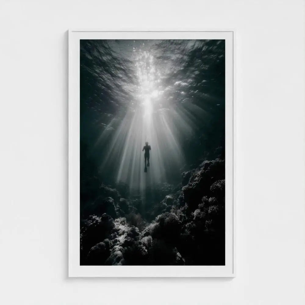 Silent Descent — Underwater Diver Wall Art Print, Ocean Photography, Sunbeams Nautical Coastal Decor