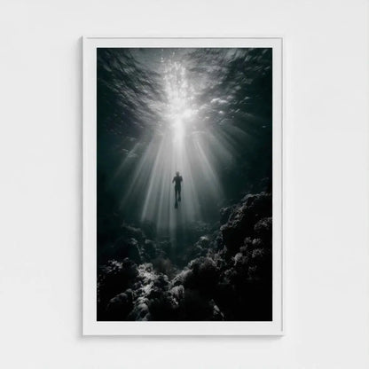 Silent Descent — Underwater Diver Wall Art Print, Ocean Photography, Sunbeams Nautical Coastal Decor