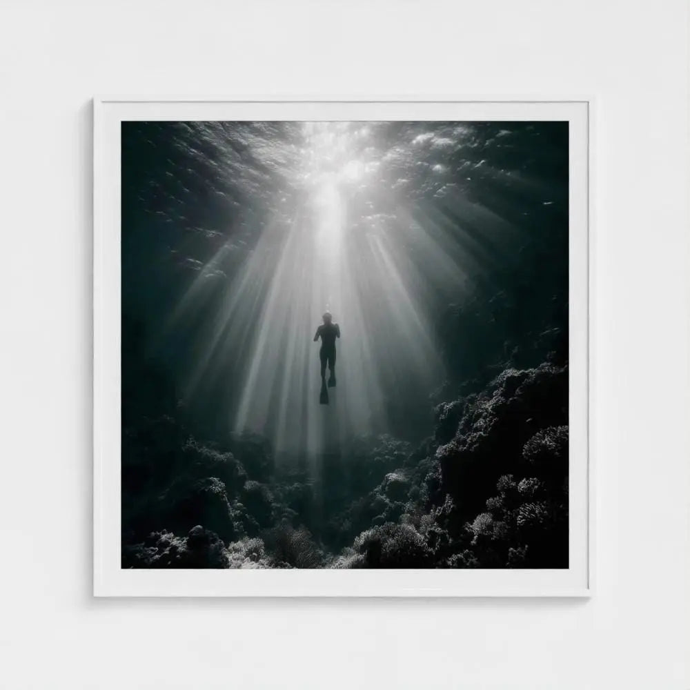 Silent Descent — Underwater Diver Wall Art Print, Ocean Photography, Sunbeams Nautical Coastal Decor