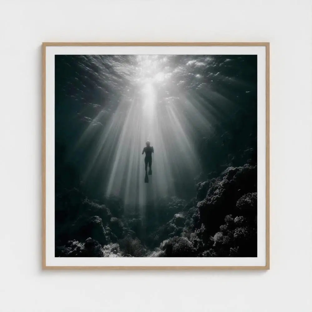 Silent Descent — Underwater Diver Wall Art Print, Ocean Photography, Sunbeams Nautical Coastal Decor
