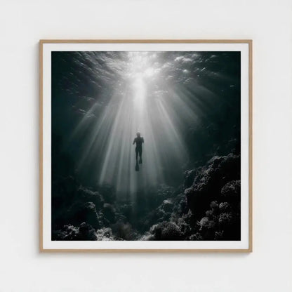 Silent Descent — Underwater Diver Wall Art Print, Ocean Photography, Sunbeams Nautical Coastal Decor